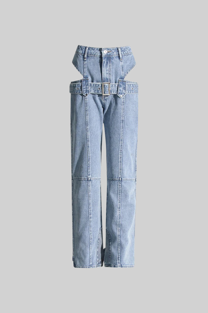 Cut Out Wide Leg Jeans with Buckle - Blue