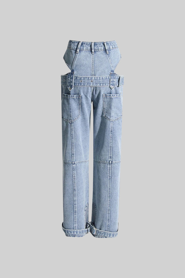 Cut Out Wide Leg Jeans with Buckle - Blue