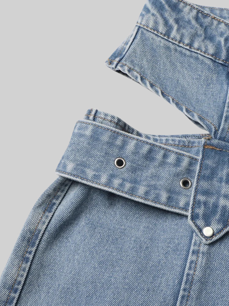 Cut Out Wide Leg Jeans with Buckle - Blue