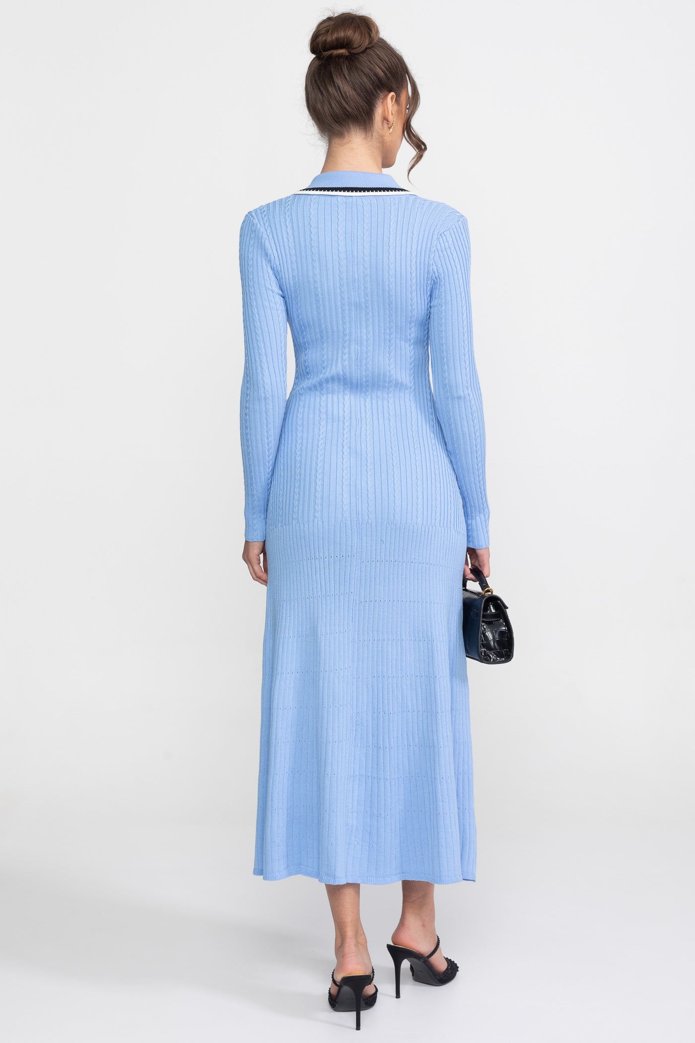 Long Sleeve Knit Midi Dress With Polo Collar And Monogram Patch - Blue