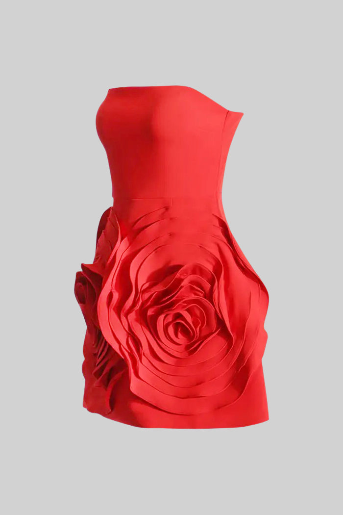Sleeveless Mini Dress with Voluminous Floral Details - Red