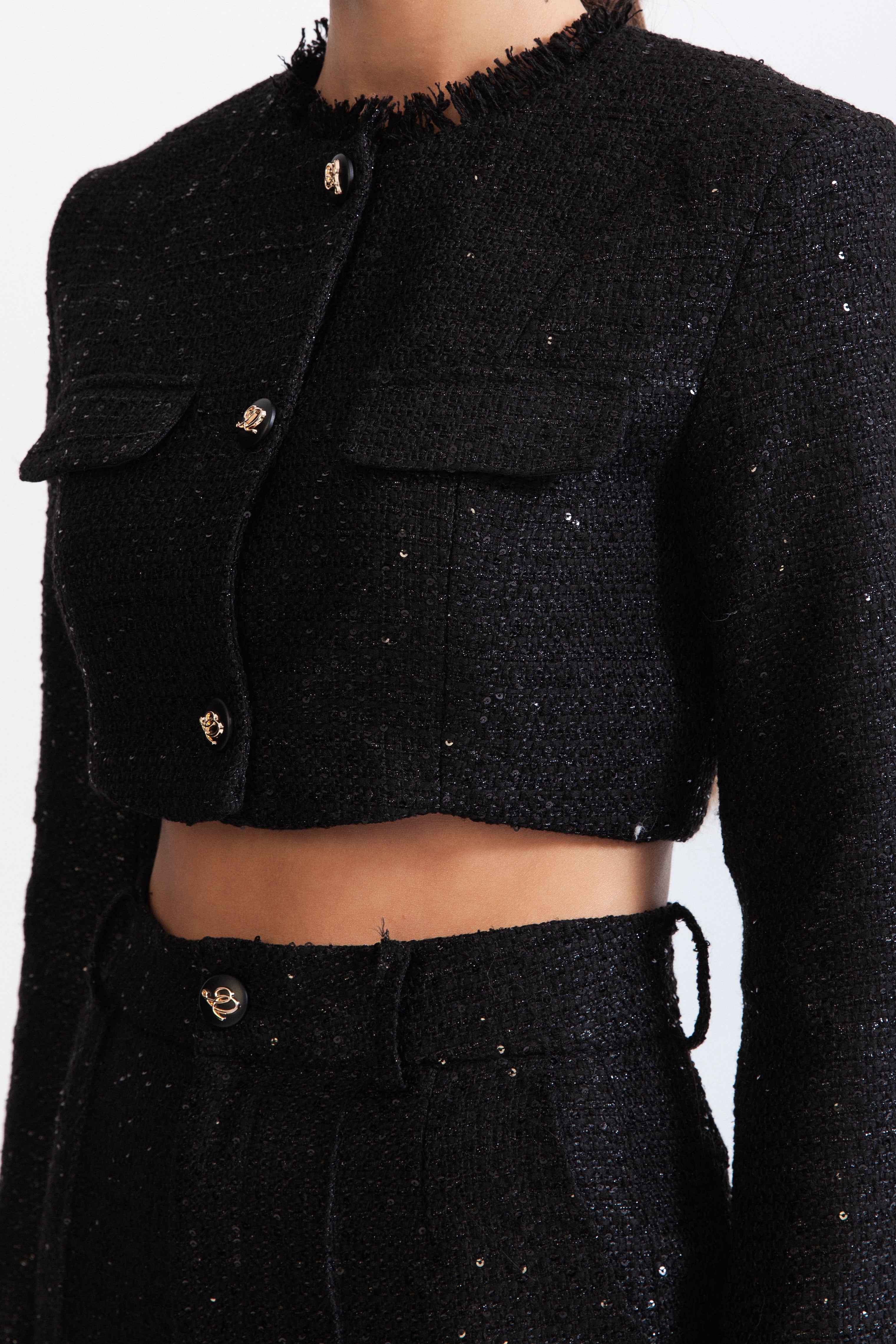 Long Sleeve Tweed Co-Ord with Sequin Details - Black