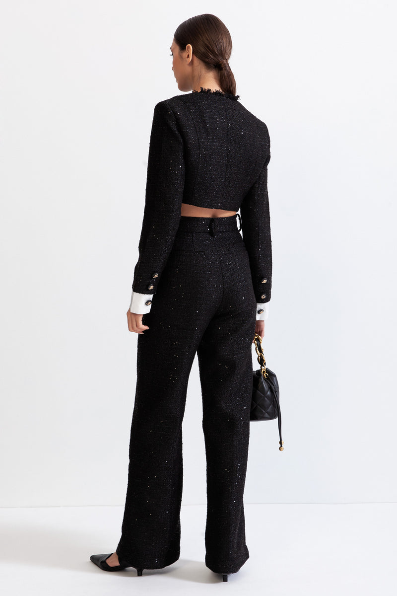 Long Sleeve Tweed Co-Ord with Sequin Details - Black