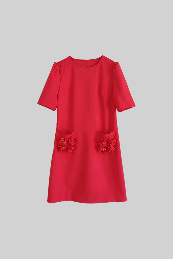 Short Sleeve Mini Roses Dress - Red