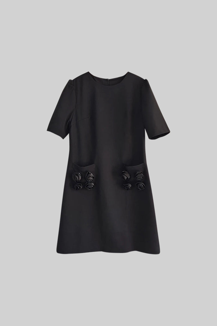 Short Sleeve Mini Roses Dress - Black