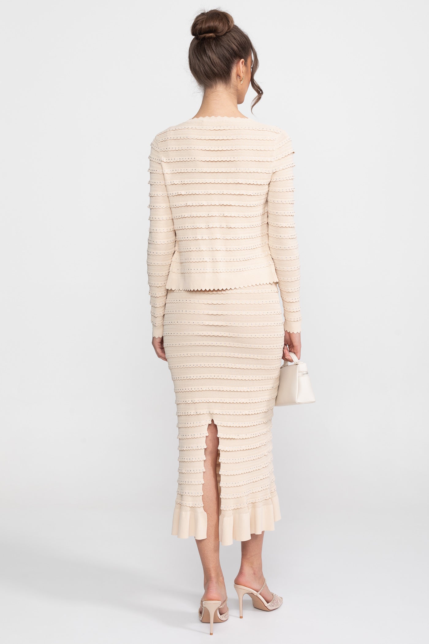 Textured Knit 2 Piece Set With Blazer and Midi Skirt - Beige