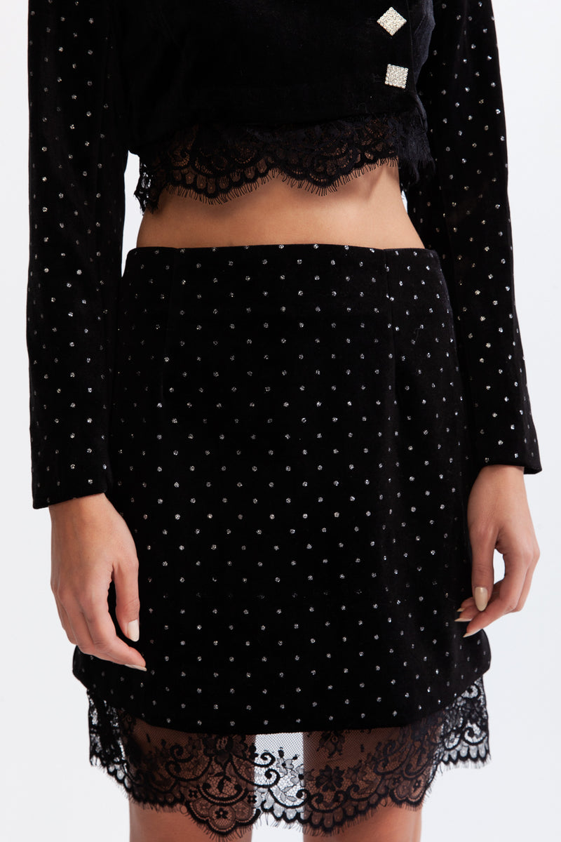 Velvet co-ord with lace - Black
