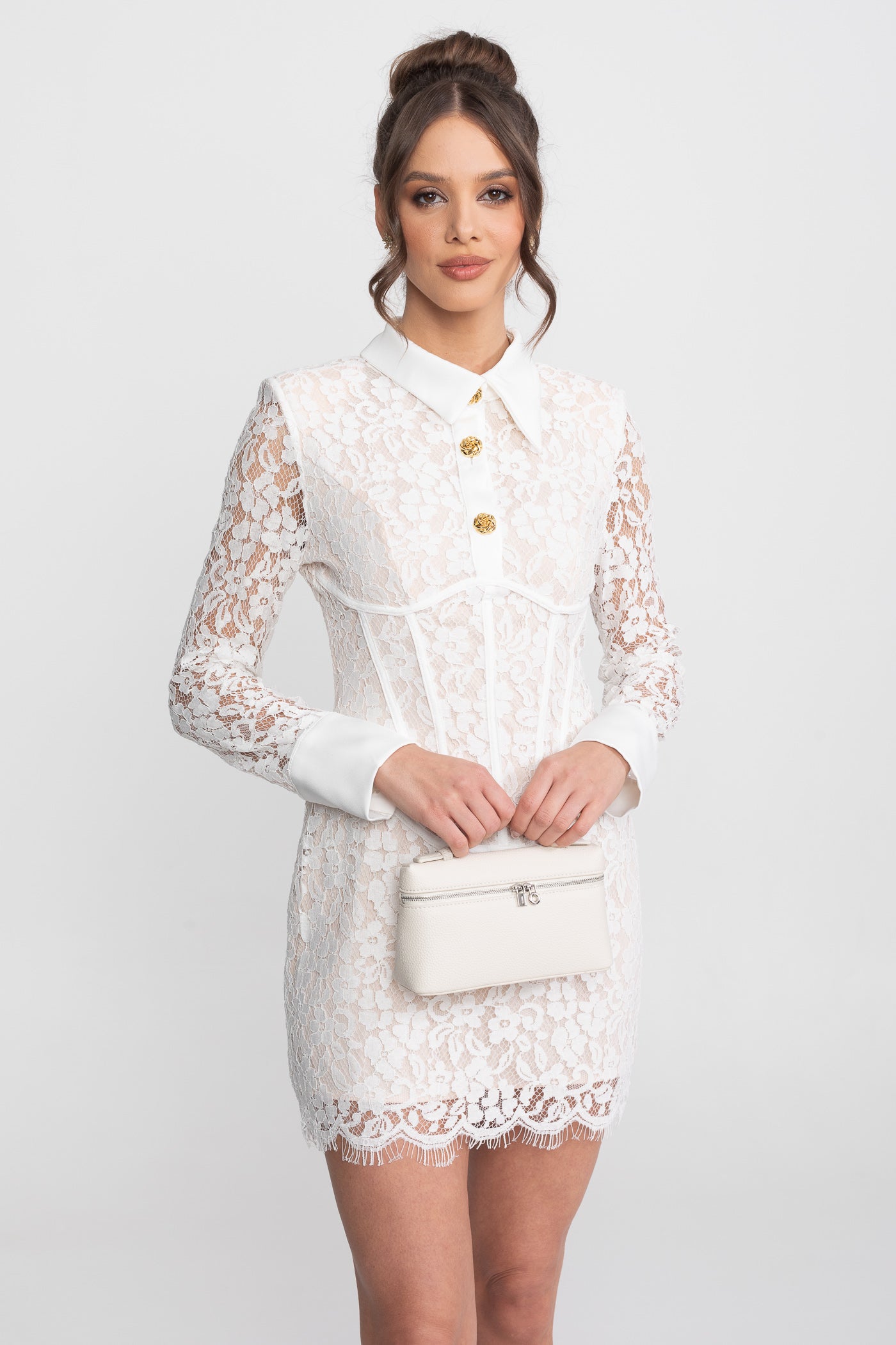 Long Sleeved Lace Mini Dress With Scallop Hem - White