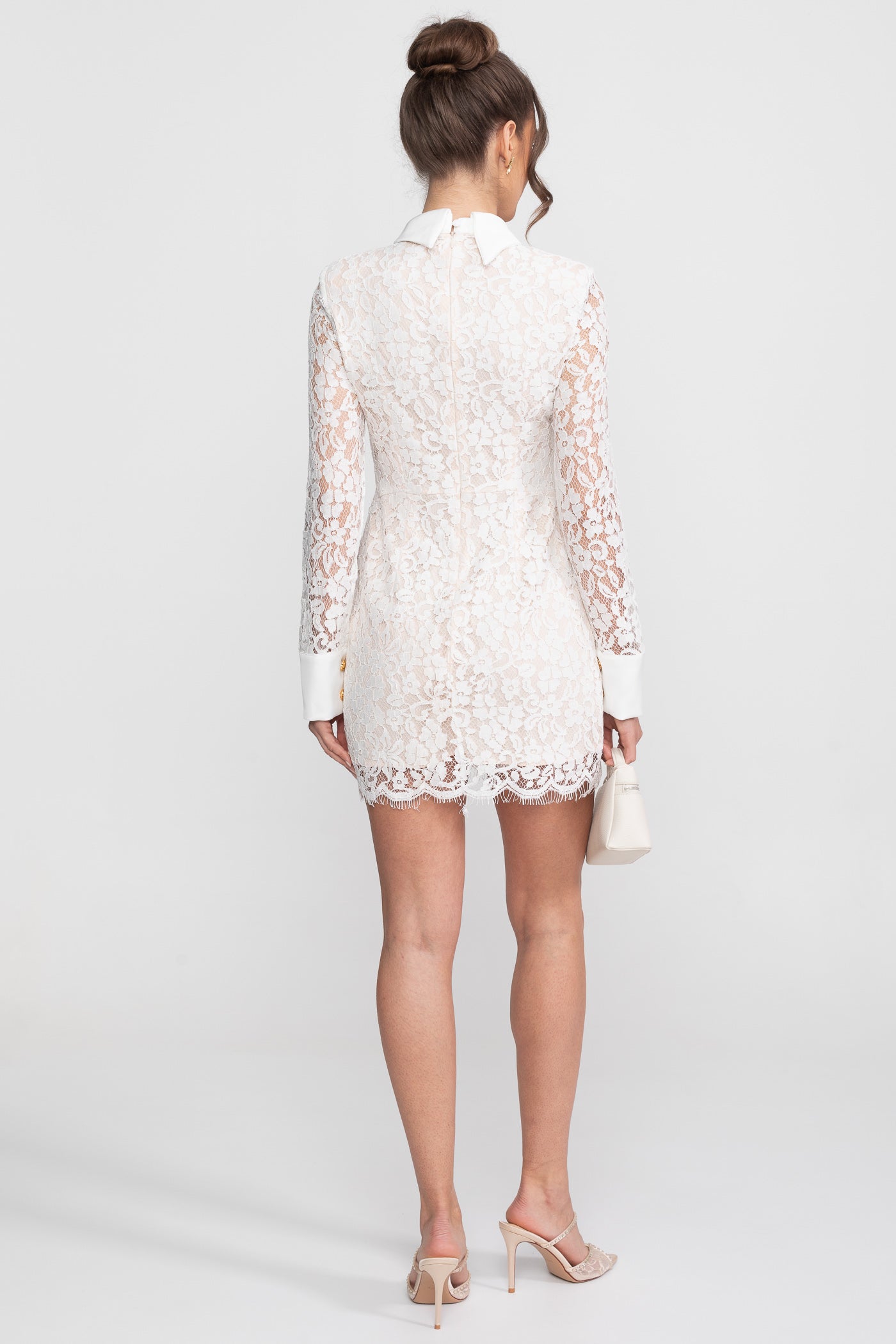 Long Sleeved Lace Mini Dress With Scallop Hem - White