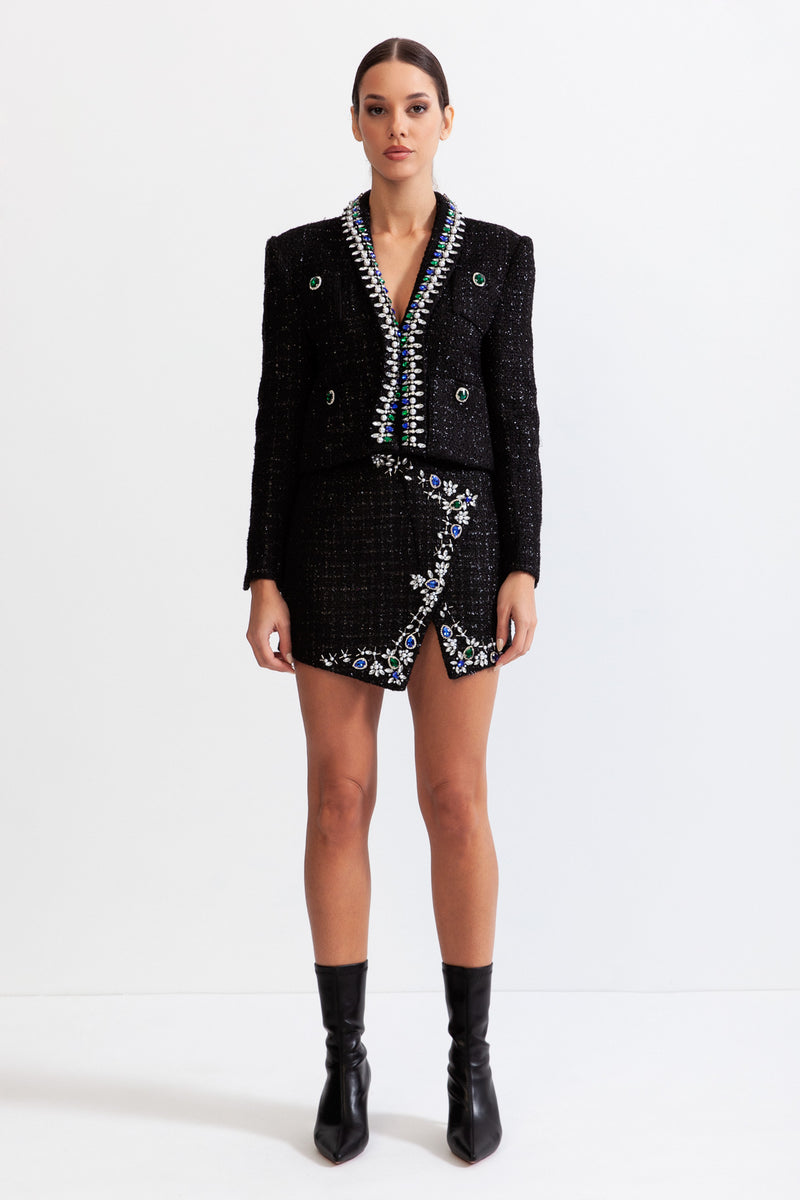 Tweed jewel skirt with wool blend - Black