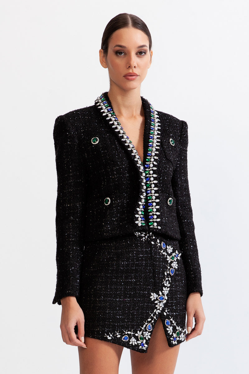 Tweed jewel skirt with wool blend - Black