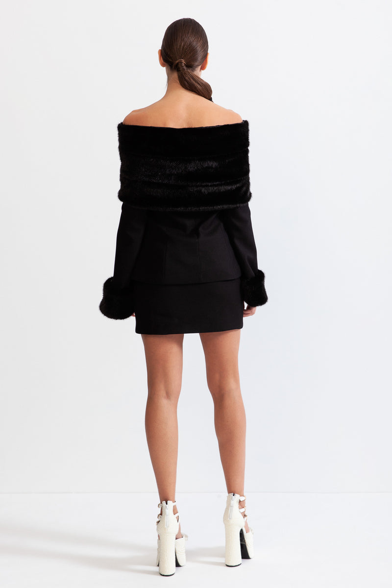 Off The Shoulder Co-Ord with Faux Fur - Black