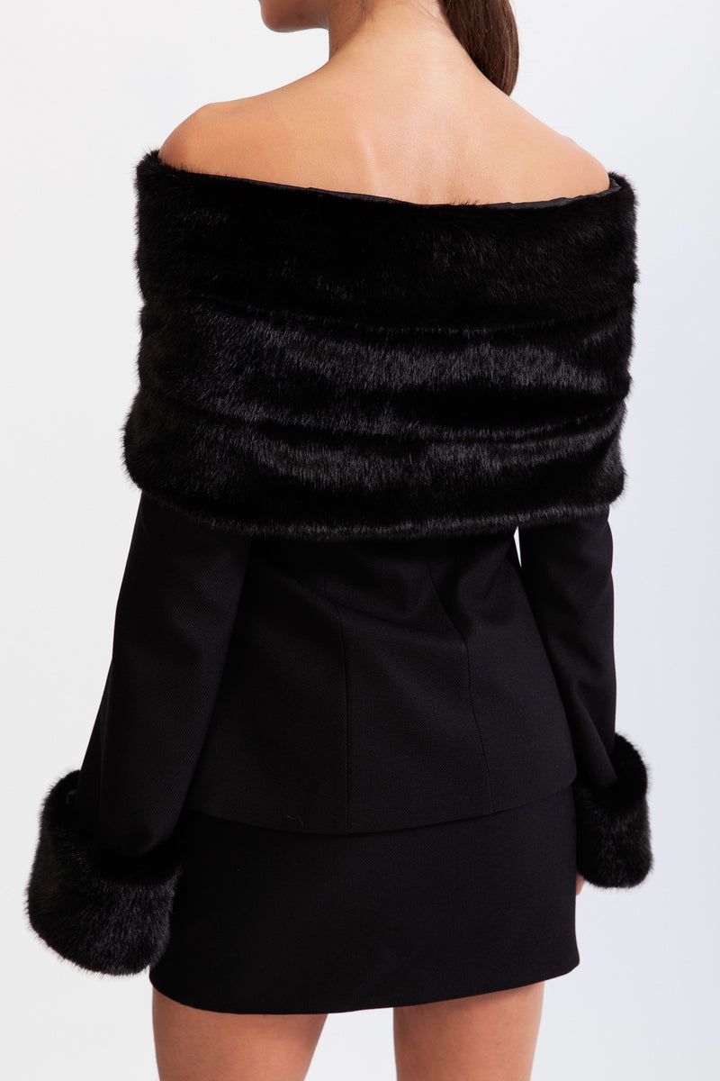 Off The Shoulder Co-Ord with Faux Fur - Black