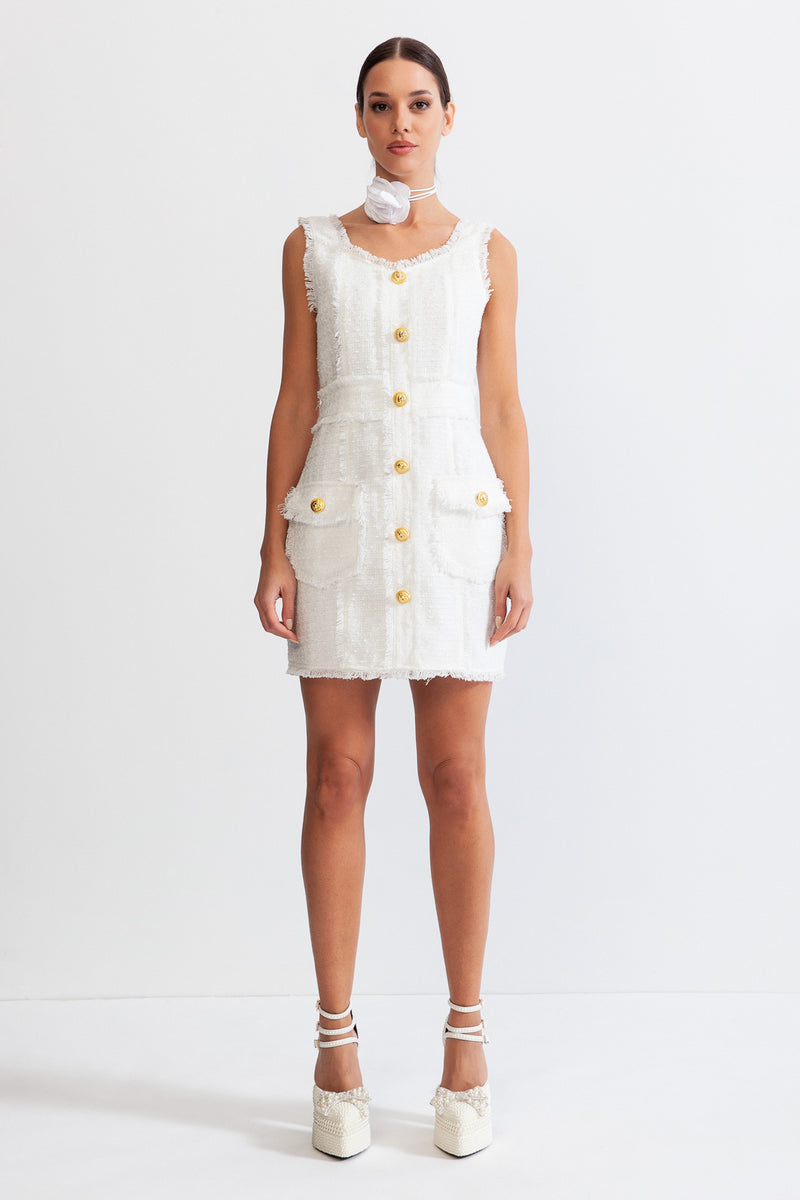 Sleeveless Tweed dress with gold buttons - White – Sierra Darien
