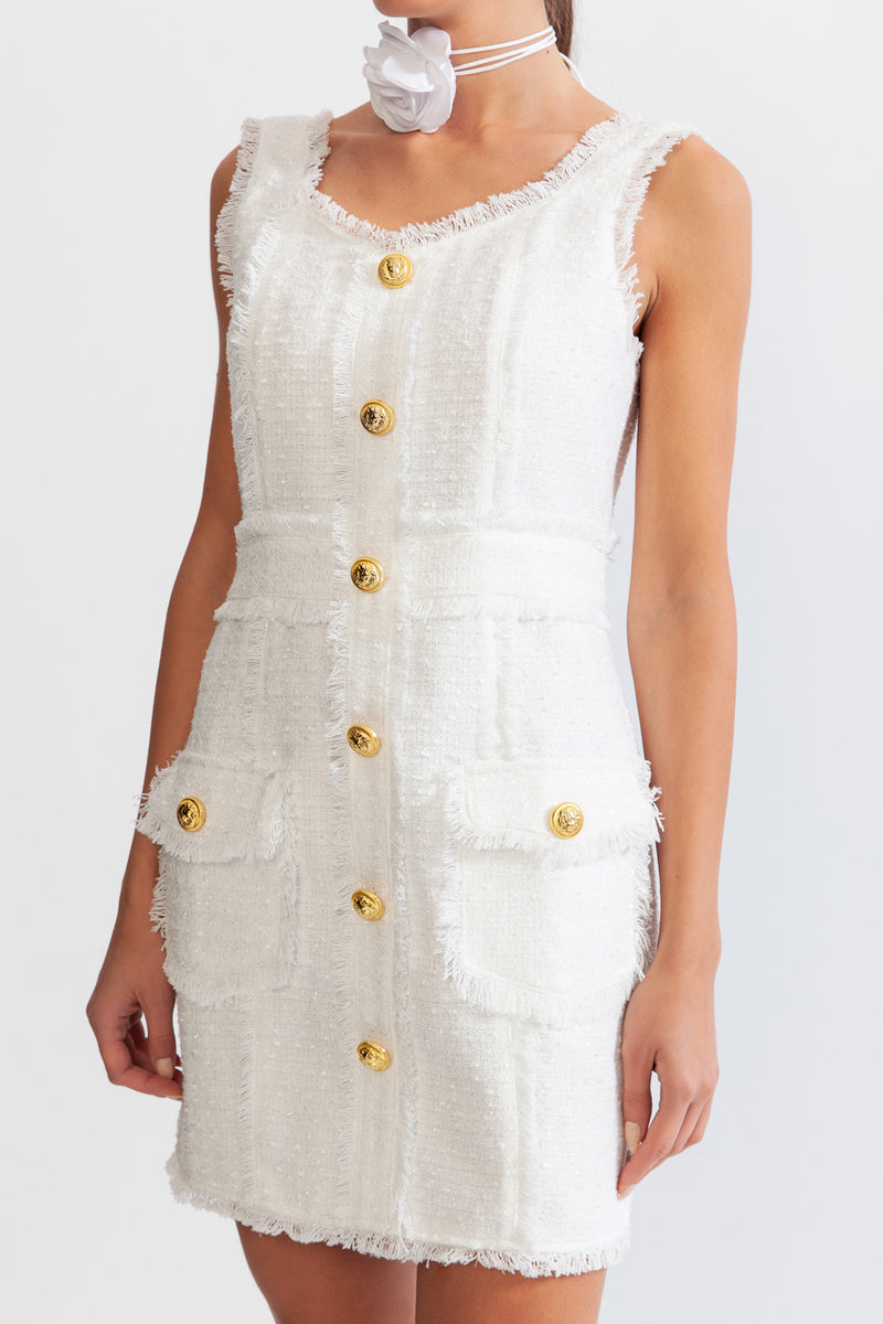 Sleeveless Tweed dress with gold buttons - White