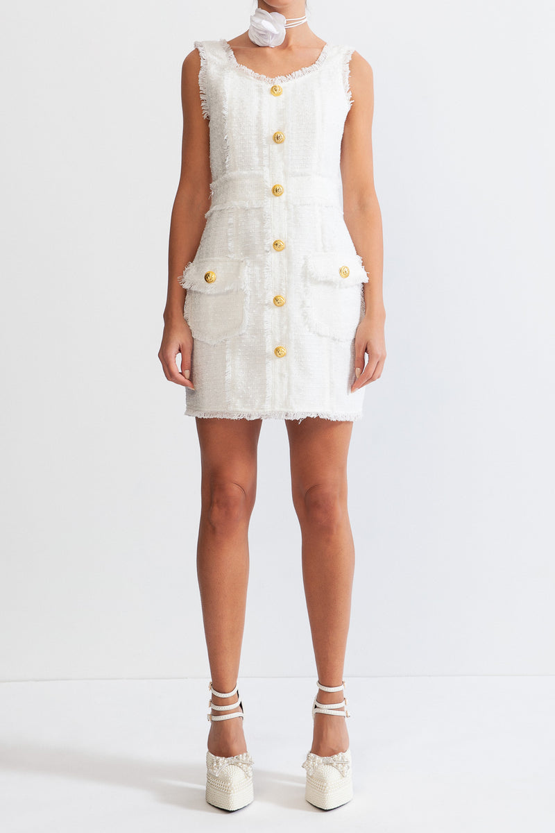 Sleeveless Tweed dress with gold buttons - White