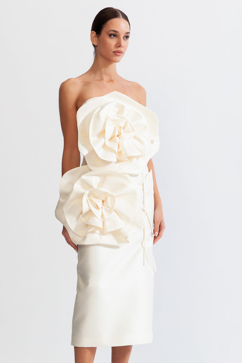 3D Voluminous Flower Design Midi Dress - Ivoire