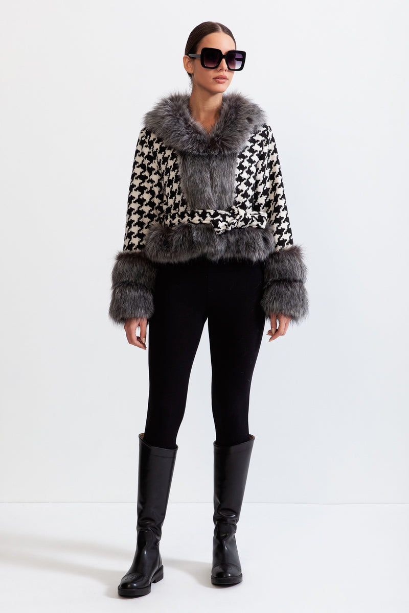 Houndstooth Wool Belted Coat with Fur
