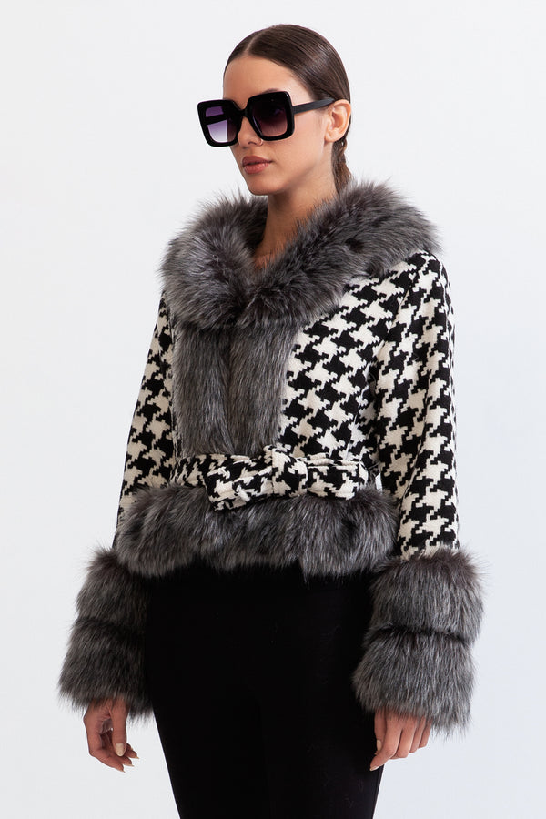 Houndstooth Wool Belted Coat with Fur