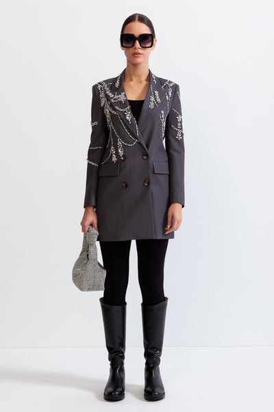 Double Breasted Long Blazer with Jewels - Grey