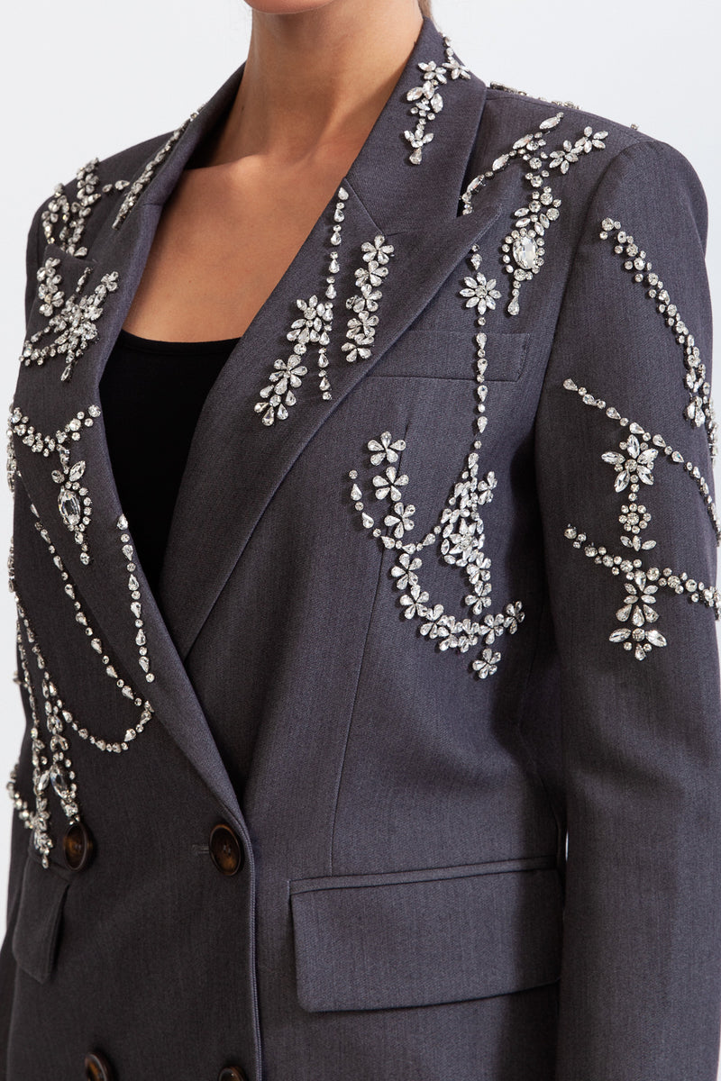Double Breasted Long Blazer with Jewels - Grey