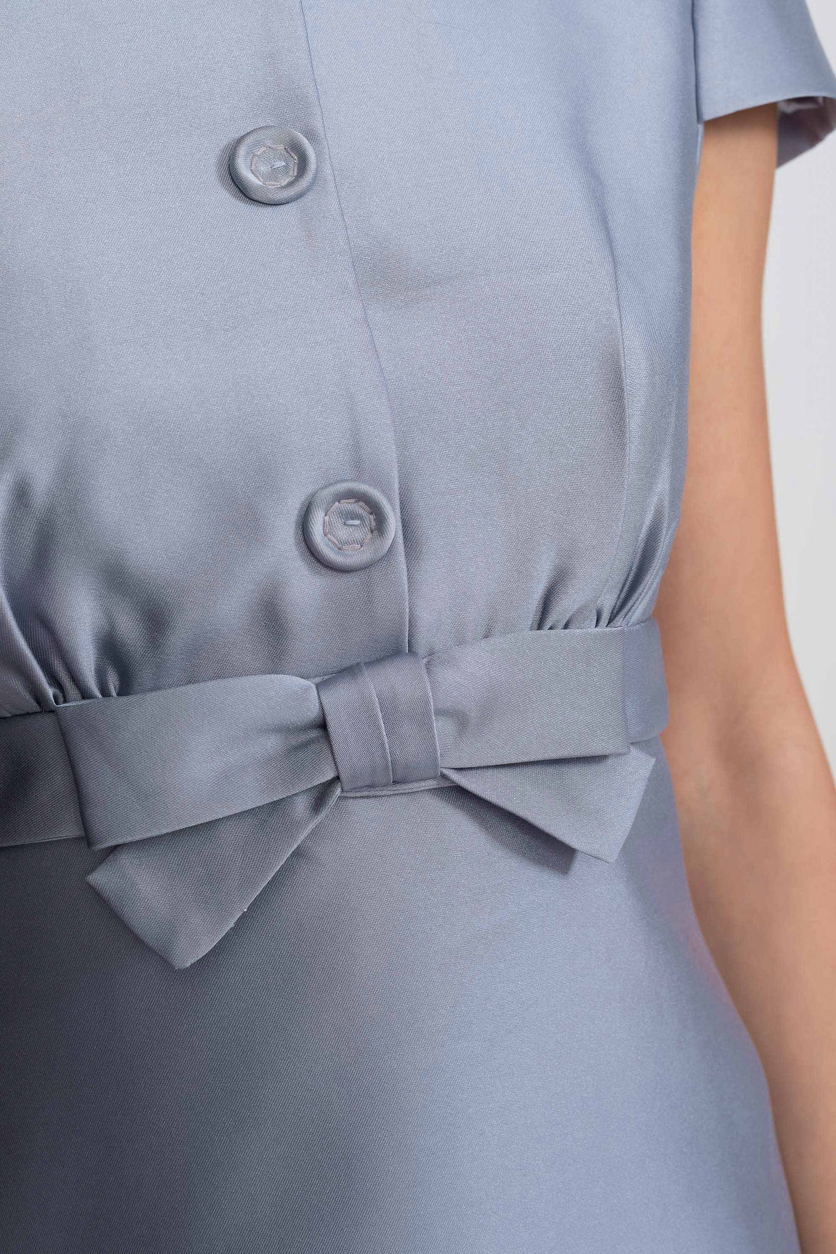 Satin Mini Dress With Crystal Peter Pan Collar And Bow Waist - Light Blue