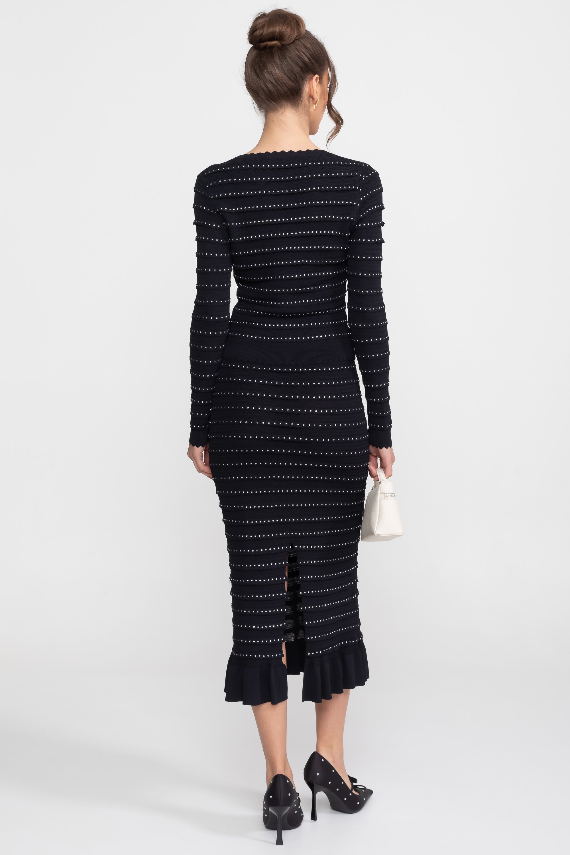 Textured Knit 3 Piece Set With Blazer, Top and Midi Skirt - Black