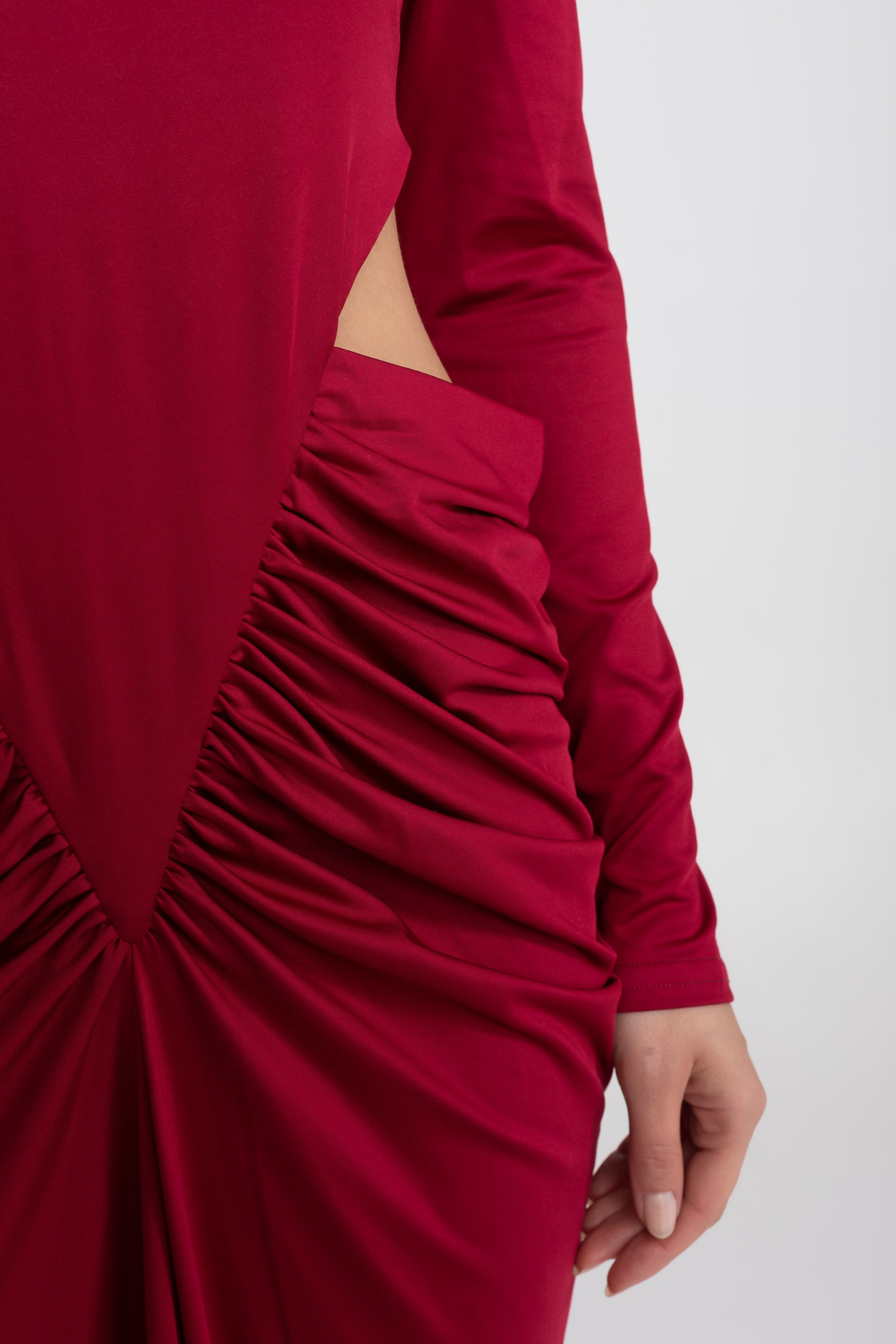High Neck Maxi Dress With Long Sleeves And Waist Cut-Out Detail - Red