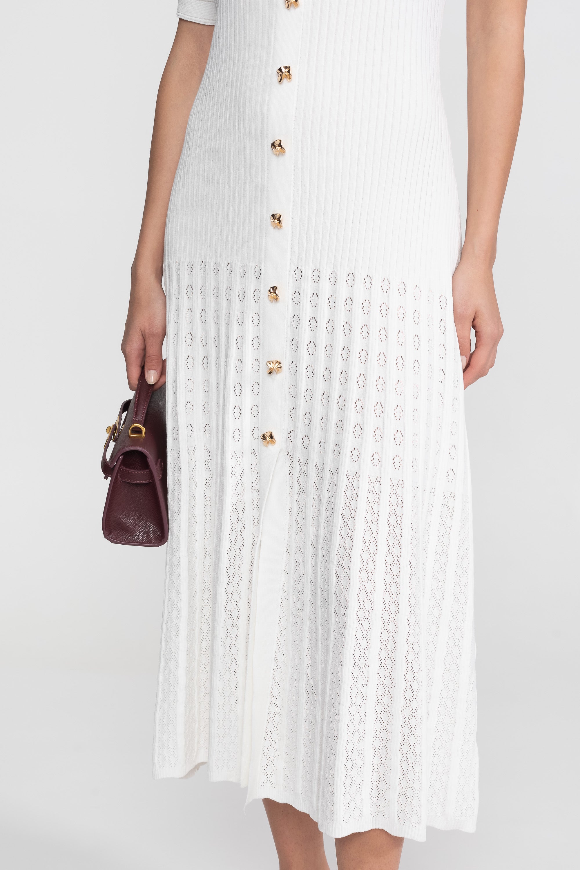 Ribbed Knit Midi Dress With Peter Pan Collar And Pleated Skirt - White