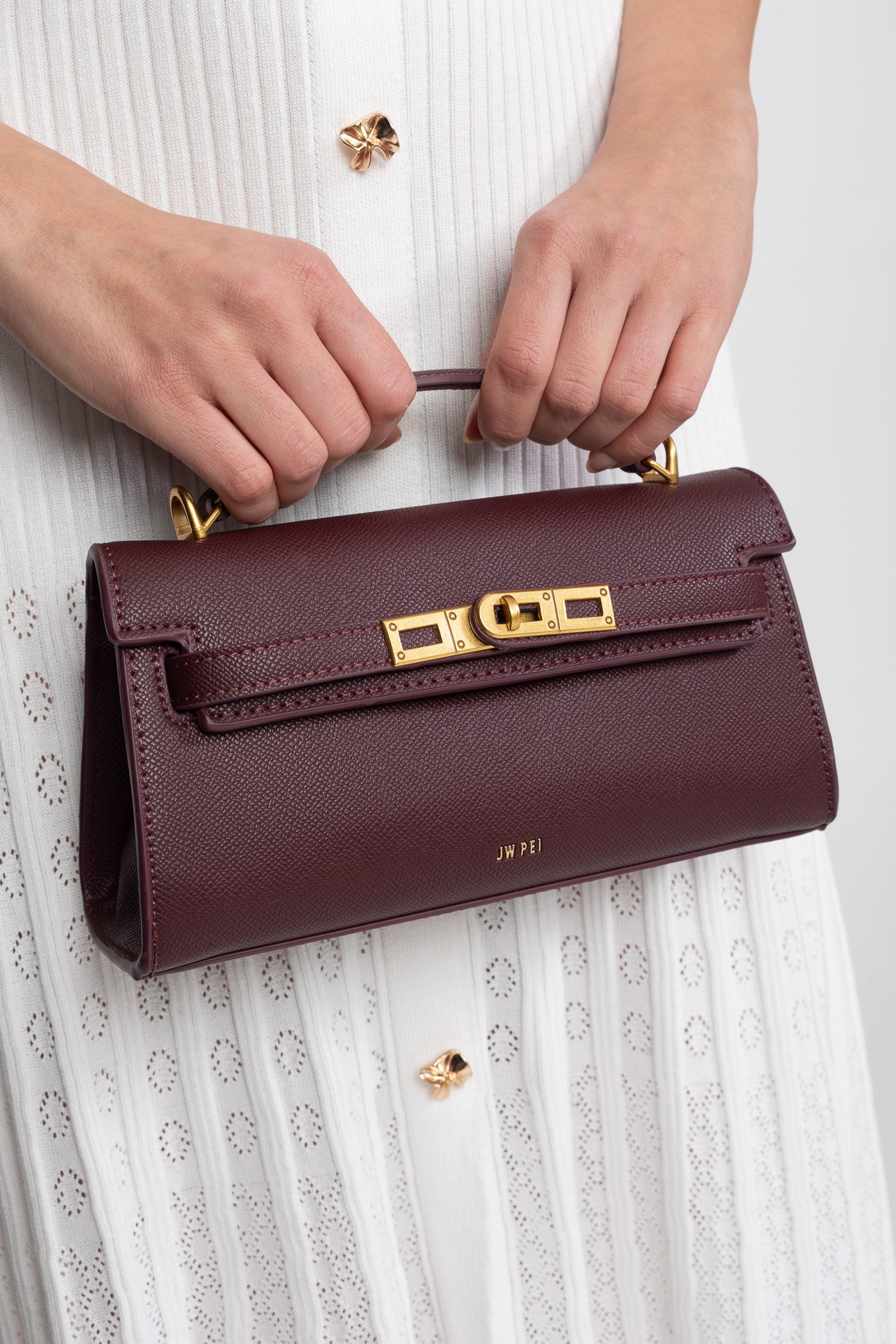 Structured Kelly-Style Mini Bag With Gold-Tone Hardware - Burgundy