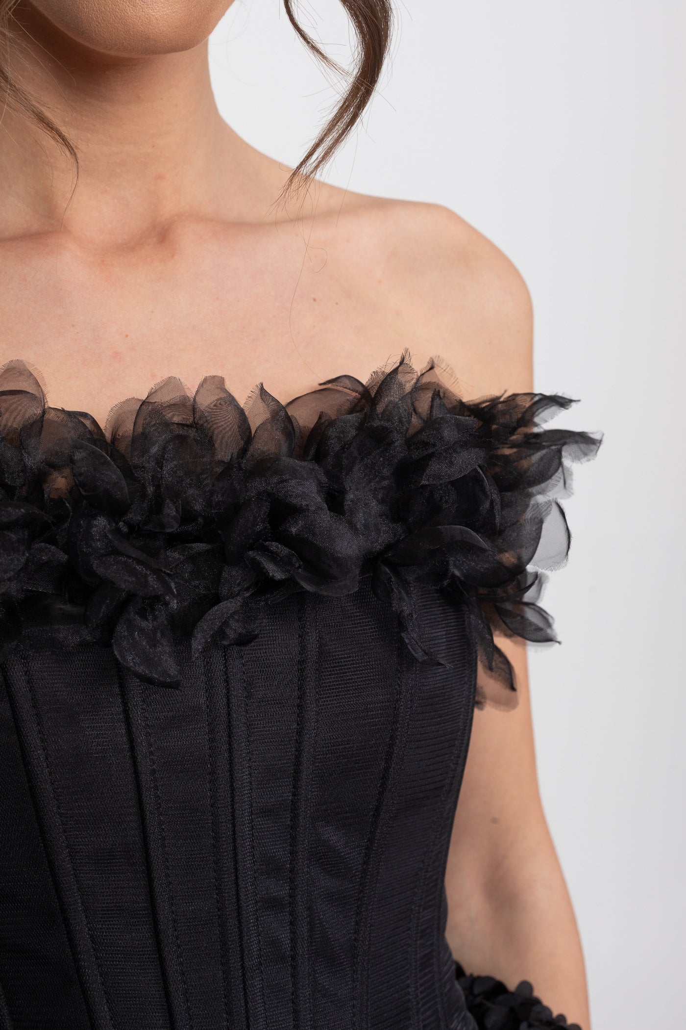 Strapless Corset Mini Dress With 3D Rose Appliqué Skirt - Black