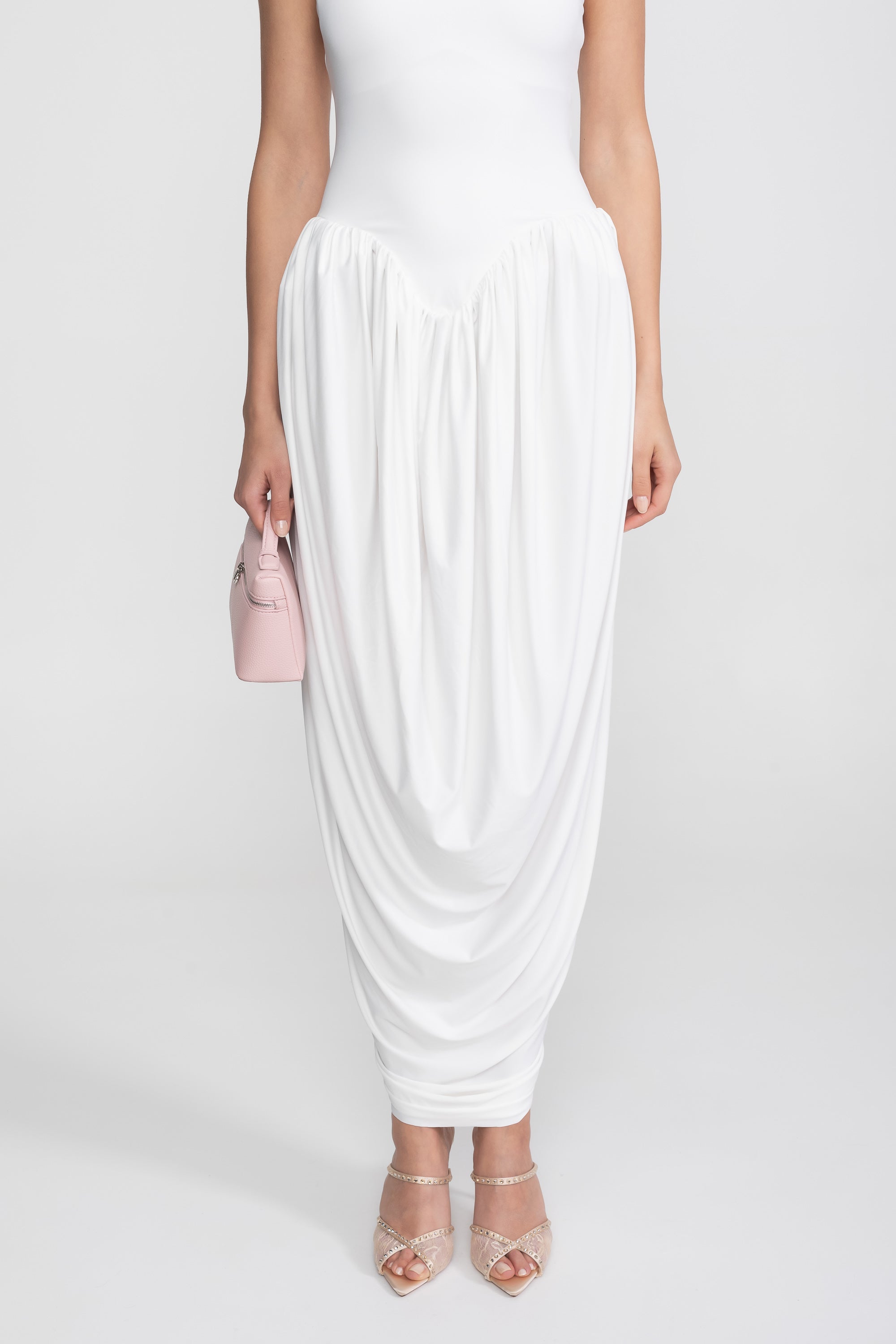 Halter-Neck Maxi Dress With Gathered Balloon Skirt - White