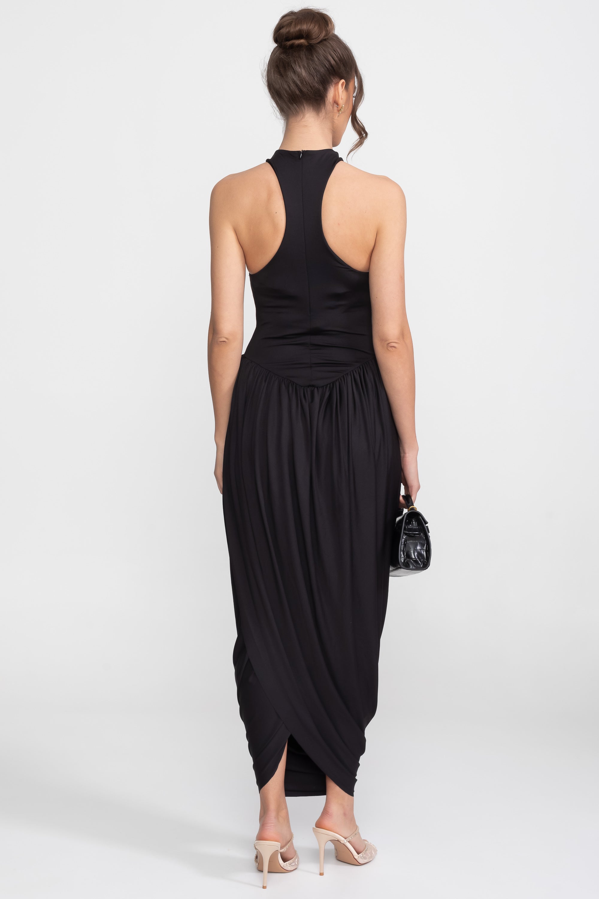 Halter-Neck Maxi Dress With Gathered Balloon Skirt - Black