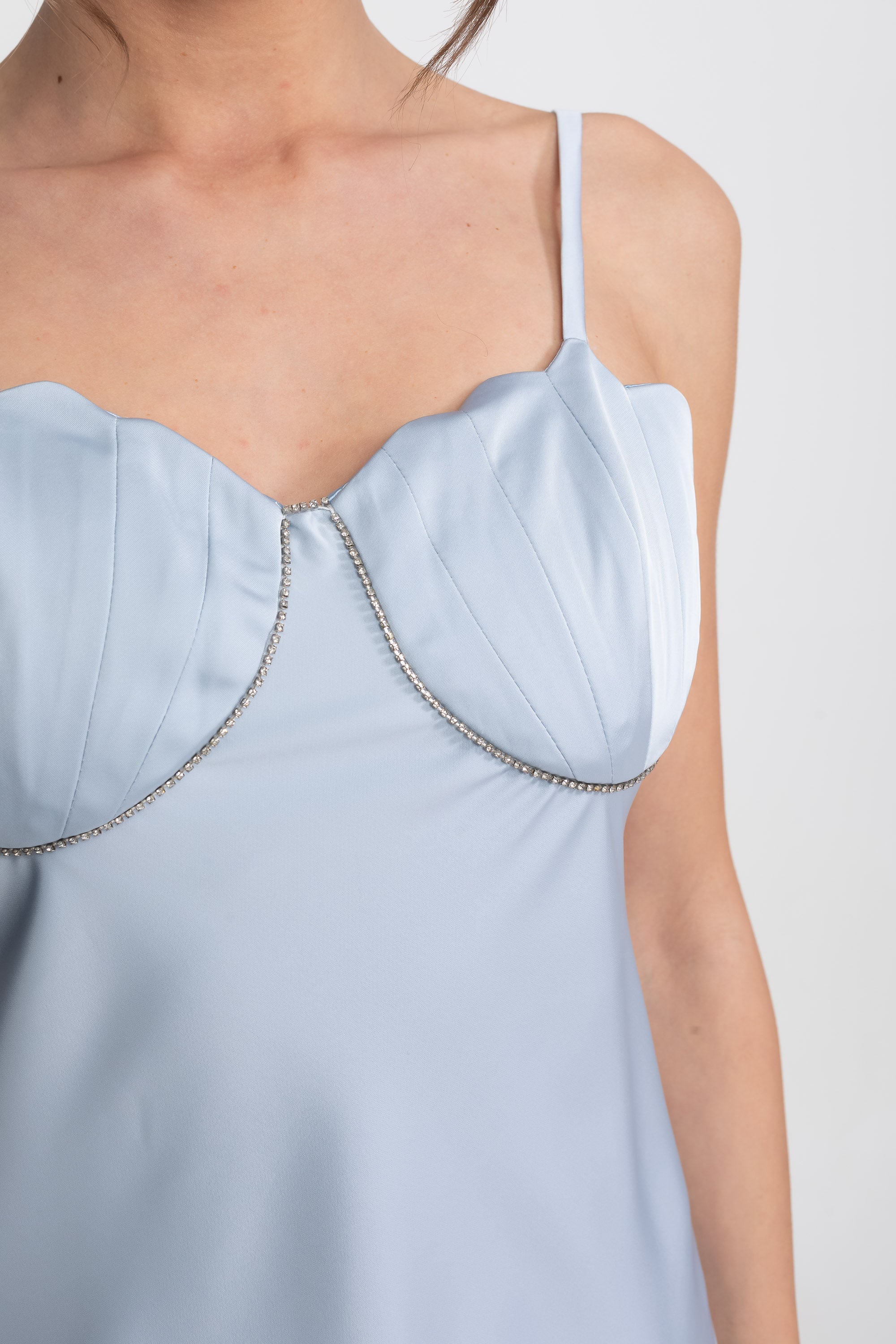 Satin Slip Midi Dress With Sweetheart Bustier Bodice - Light Blue