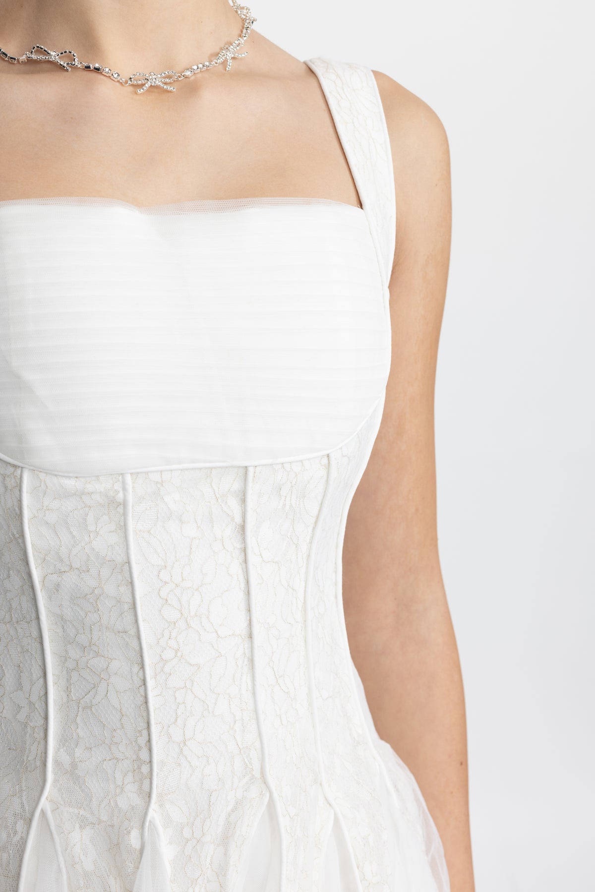 Lace Panel Corset Tulle Midi Dress - White