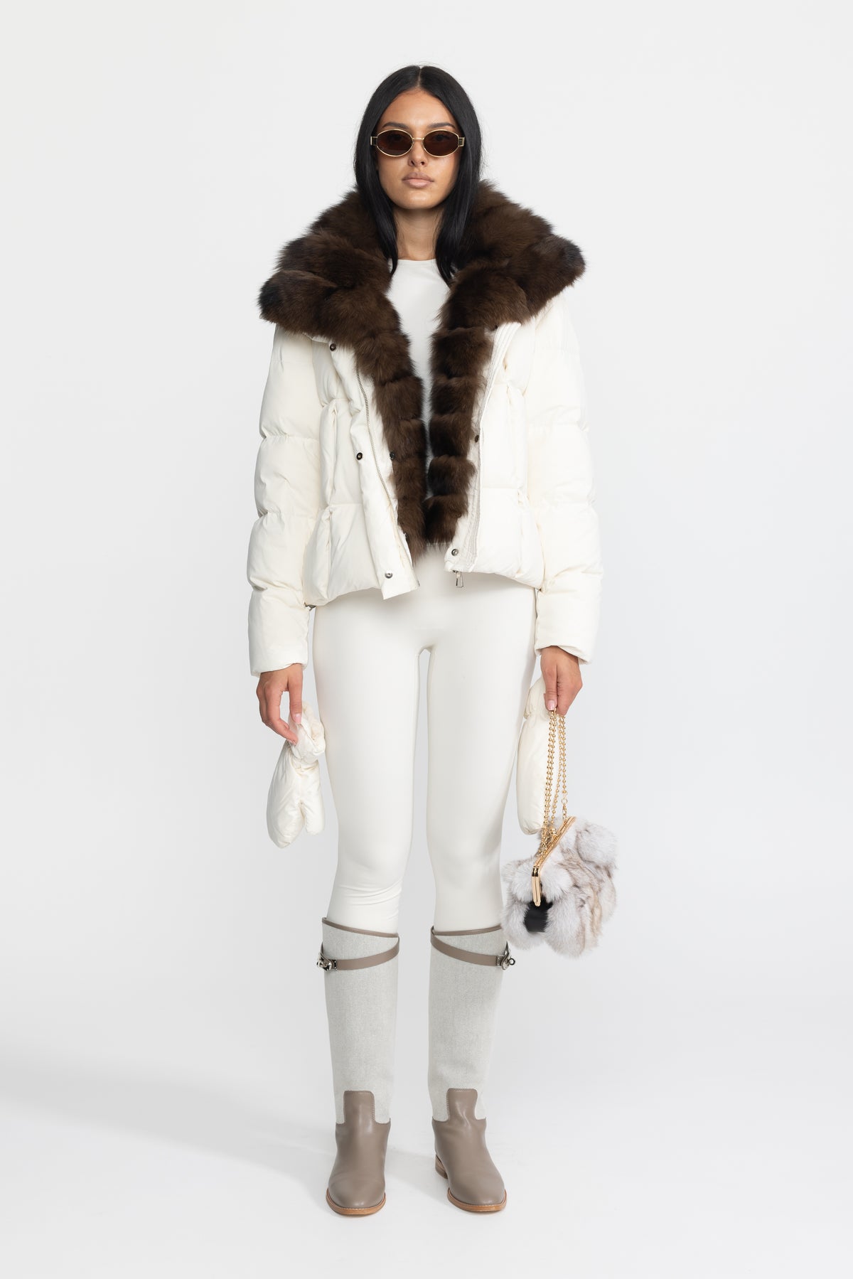 Fox Fur Collar Cropped Down Puffer Jacket - Ivoire