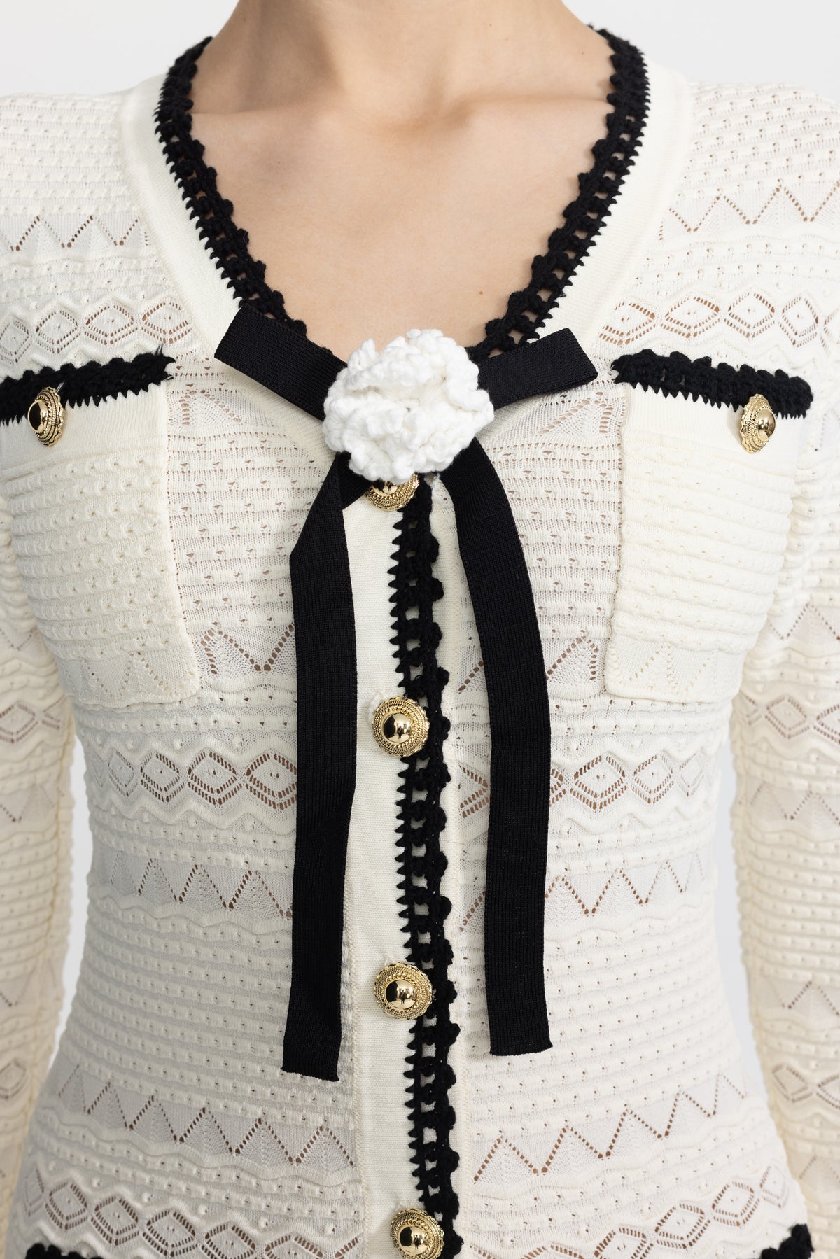 Crochet Trim Knit Button Midi Dress with Flower Brooch - Ivoire