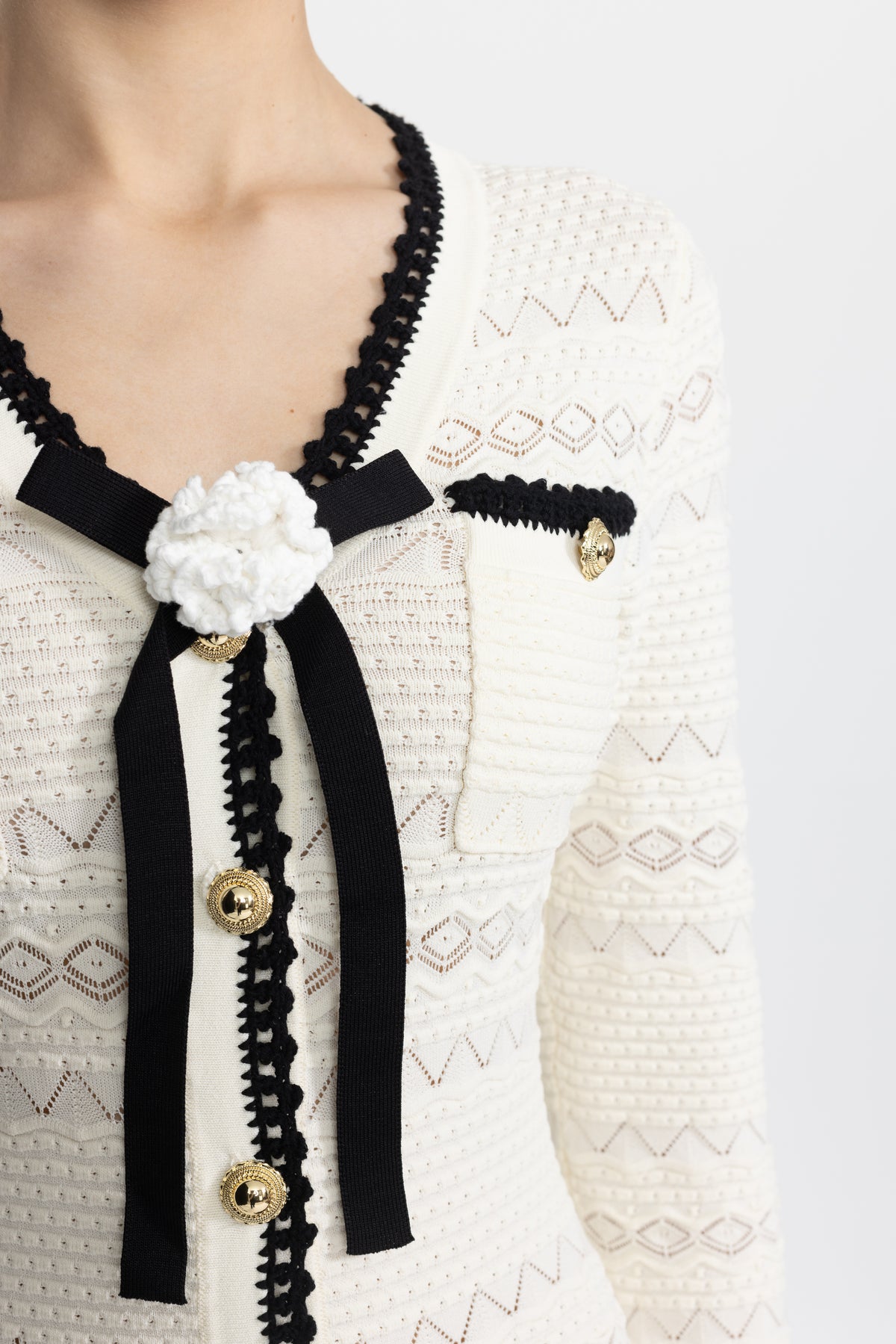 Crochet Trim Knit Button Midi Dress with Flower Brooch - Ivoire