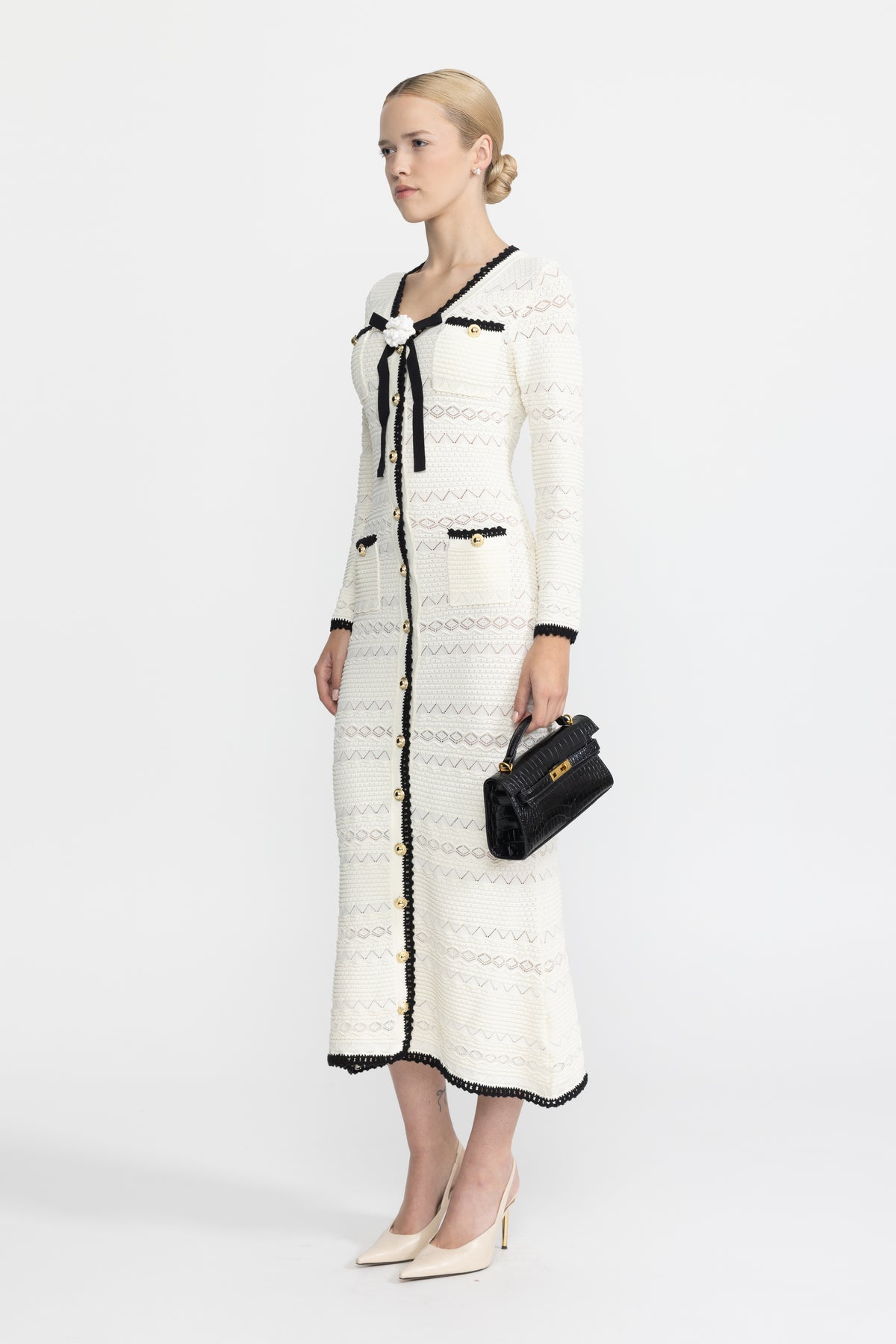 Crochet Trim Knit Button Midi Dress with Flower Brooch - Ivoire