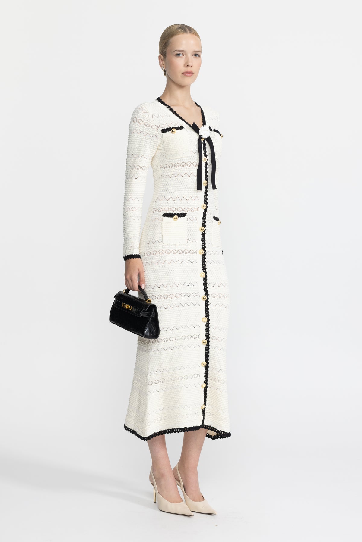 Crochet Trim Knit Button Midi Dress with Flower Brooch - Ivoire