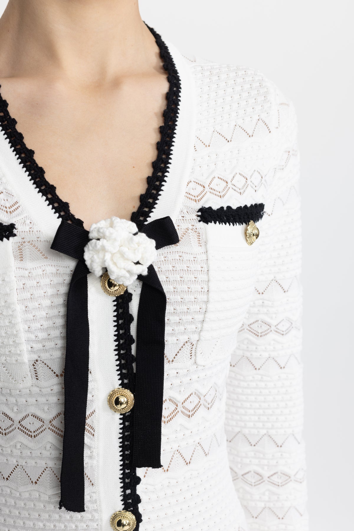 Crochet Trim Knit Button Midi Dress with Flower Brooch - White