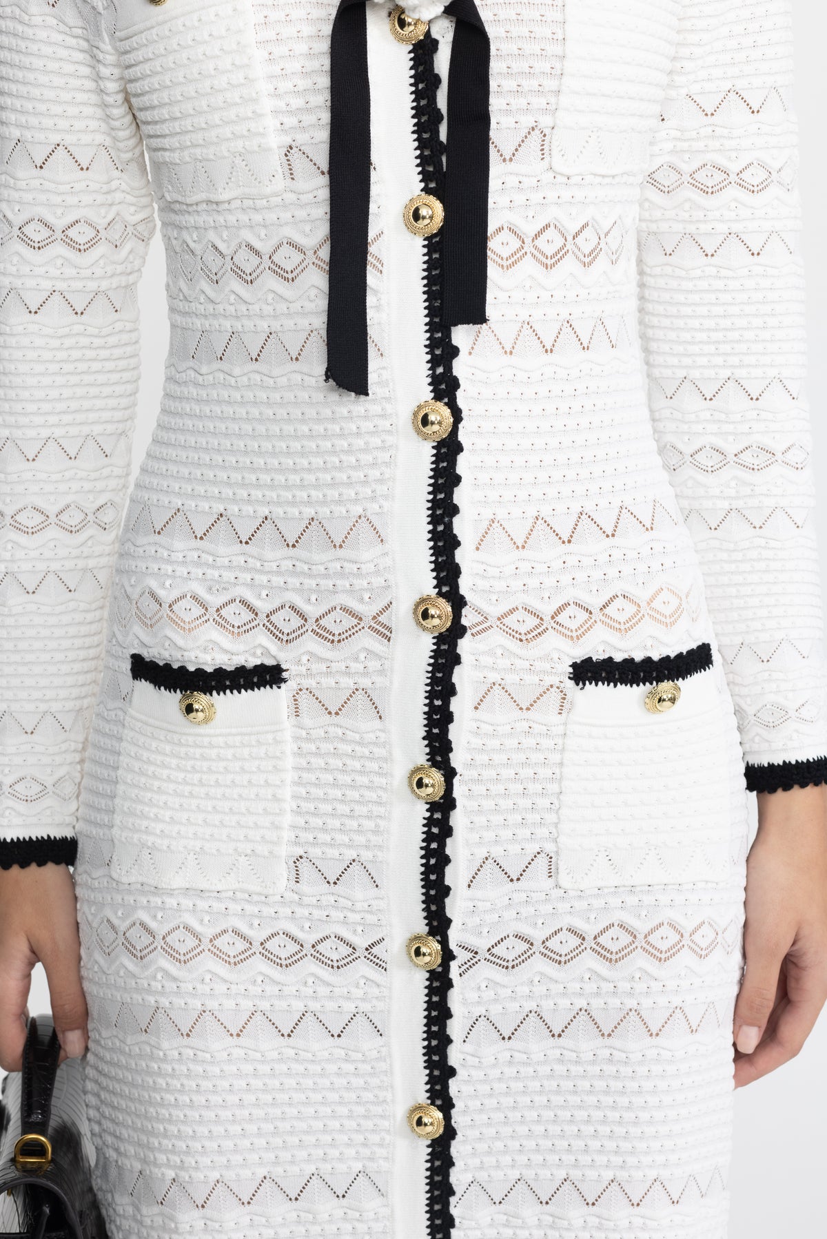 Crochet Trim Knit Button Midi Dress with Flower Brooch - White