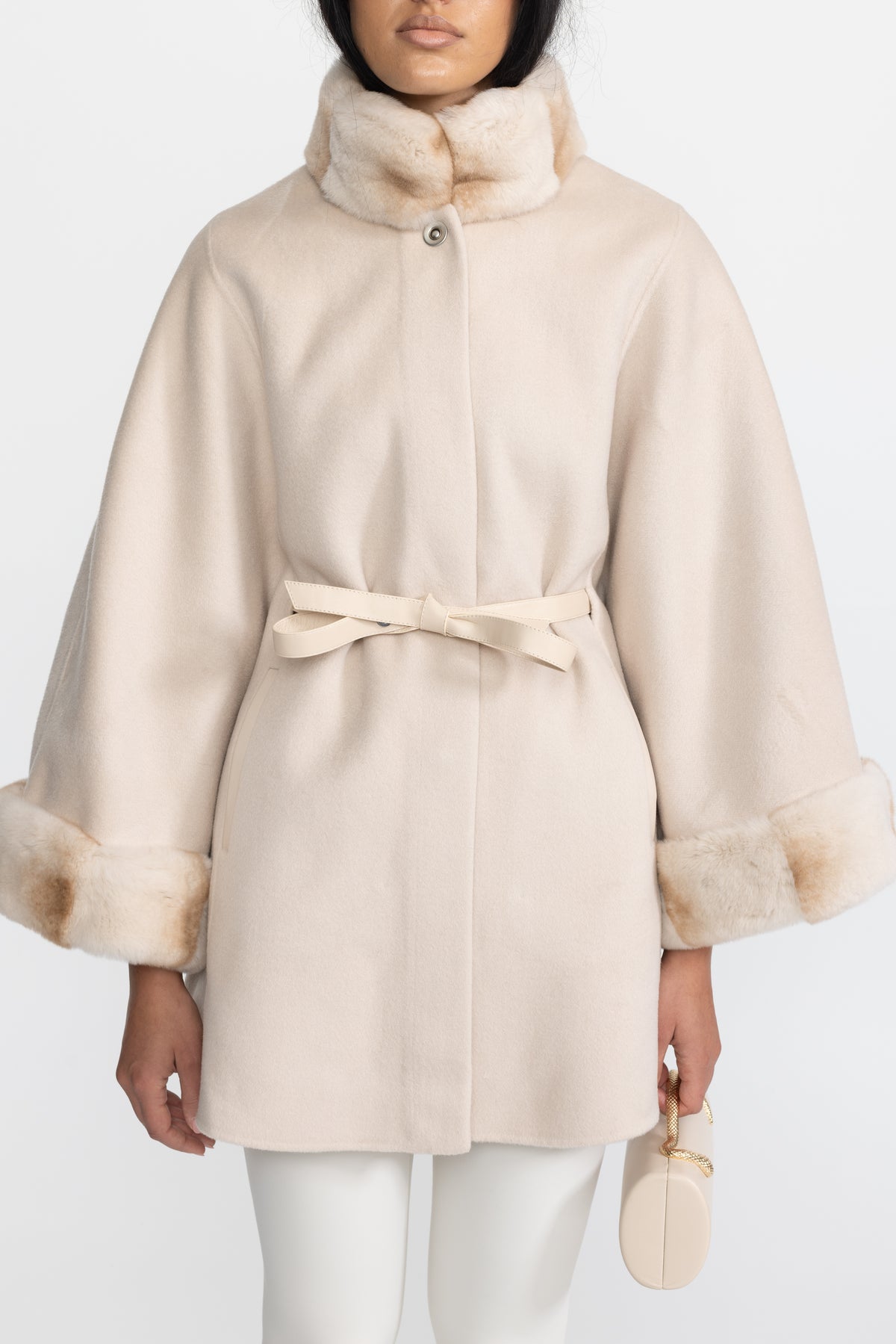 Belted Wool&Cashmere Cape Coat with Chinchilla Rex Fur Collar and Cuffs - Ivoire