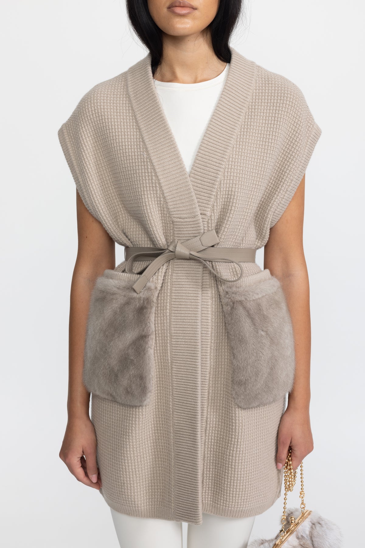 Belted Waffle Knit Gilet with Mink Fur Pockets - Beige