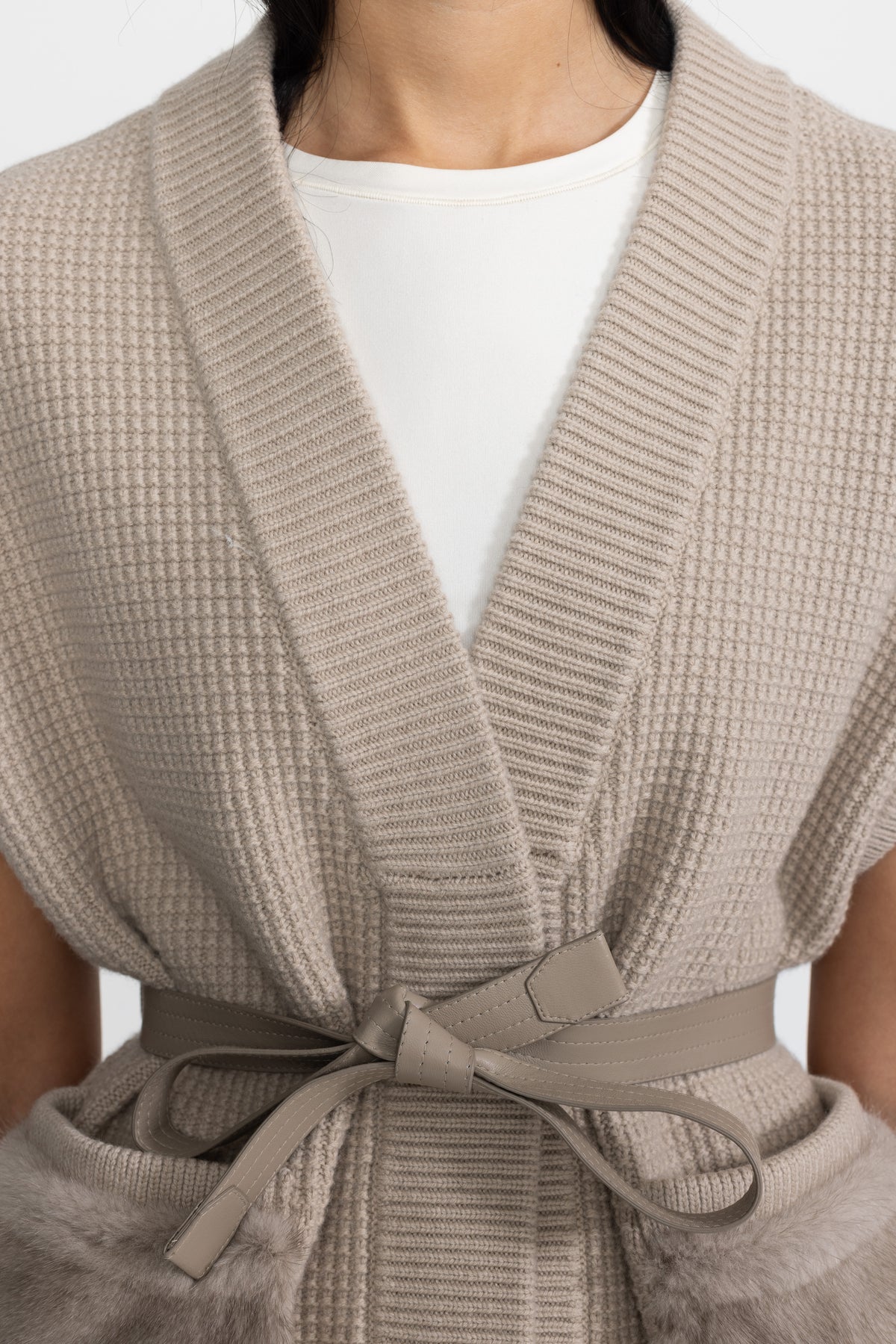 Belted Waffle Knit Gilet with Mink Fur Pockets - Beige