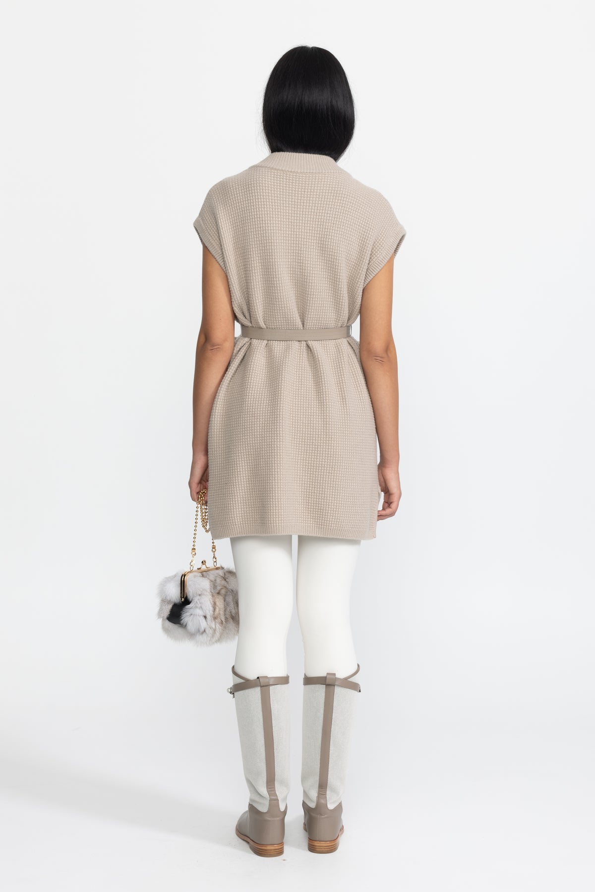 Belted Waffle Knit Gilet with Mink Fur Pockets - Beige