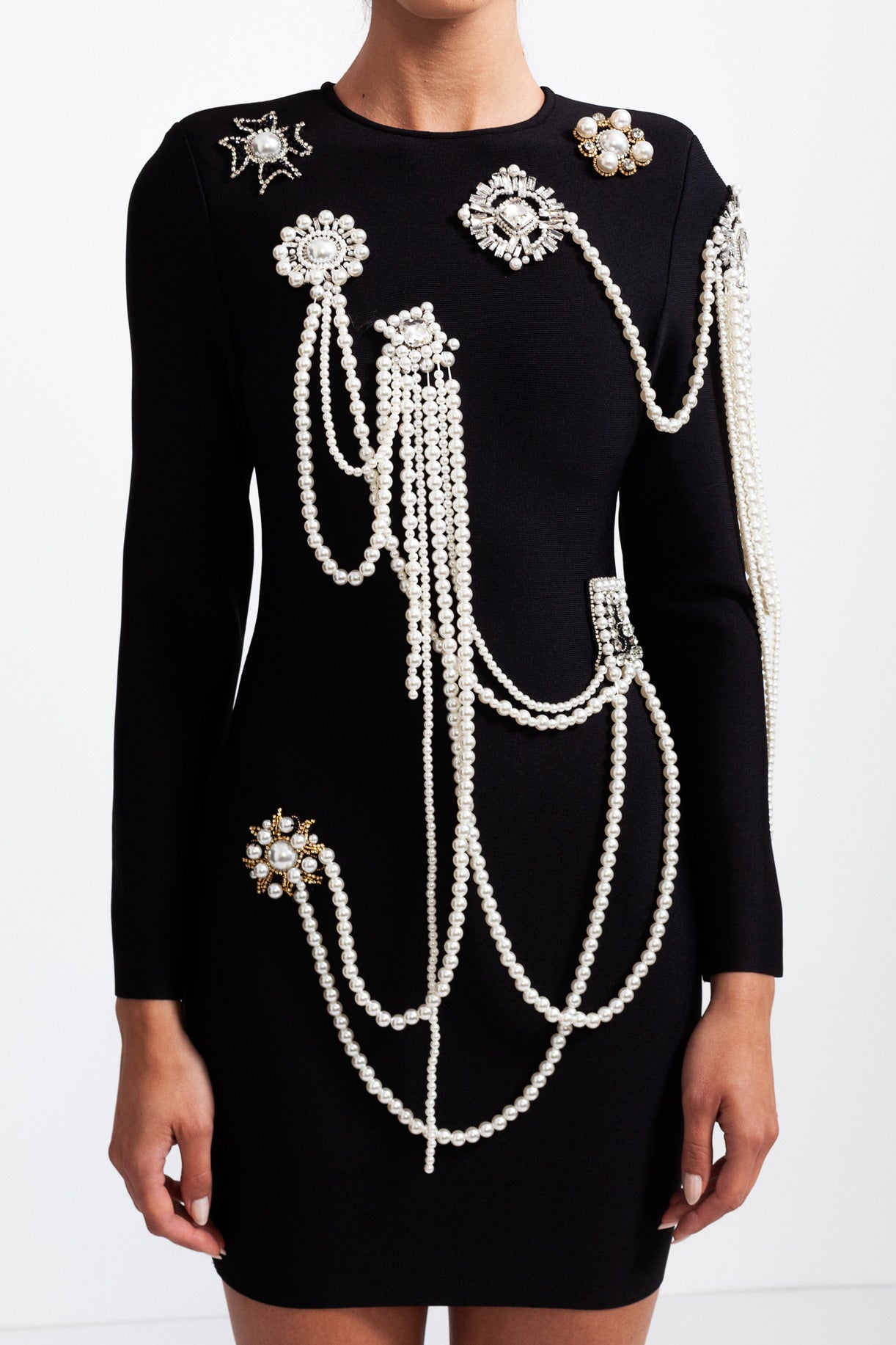 Long Sleeve Diamond Pearls Dress - Black