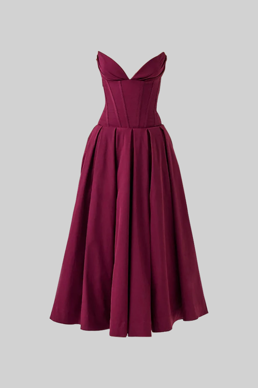 Sophisticated Strapless Midi Dress with Fitted Bodice - Burgundy