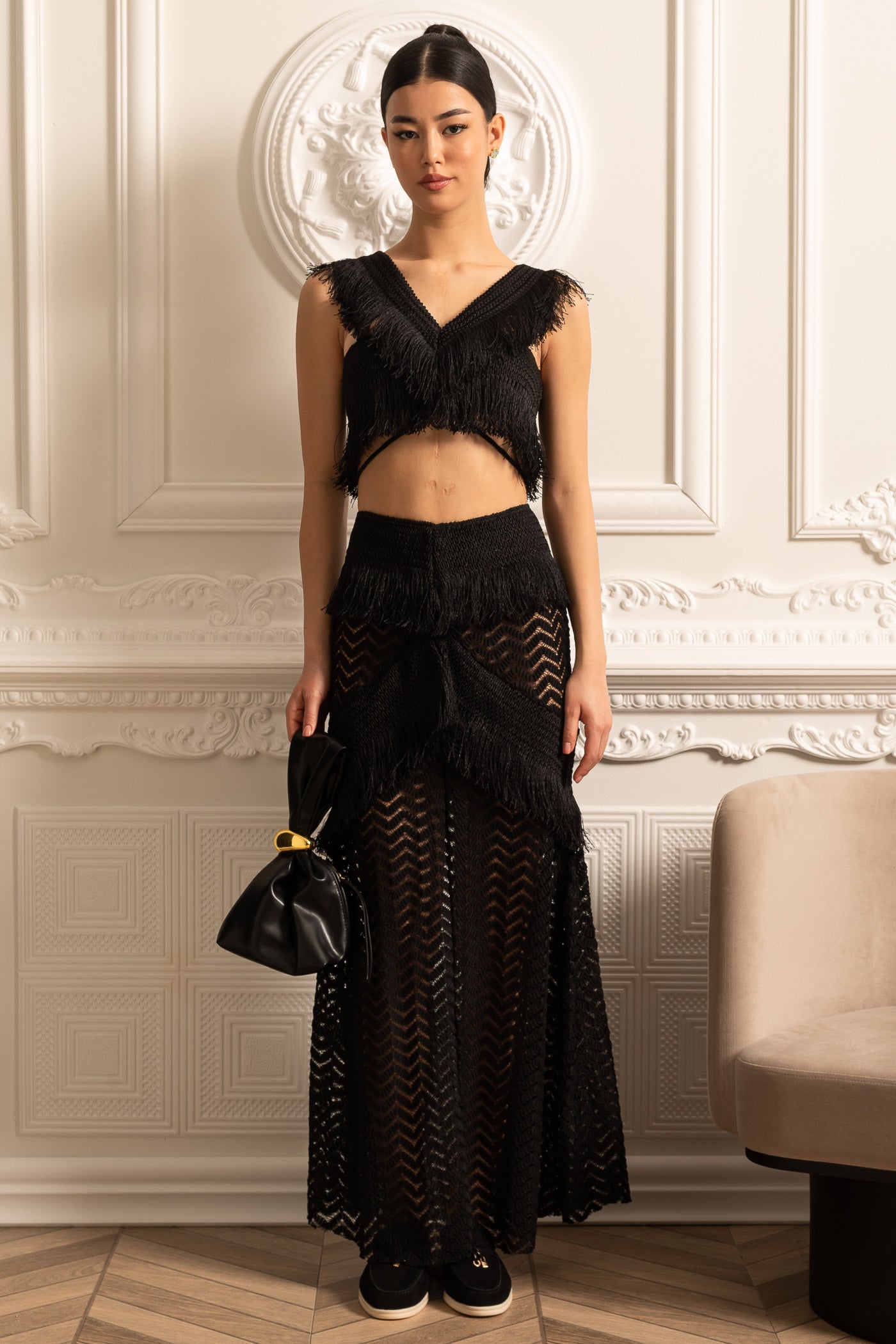 Fringed Ensemble With Sleeveless Crop Top And Long Sheer Skirt - Black
