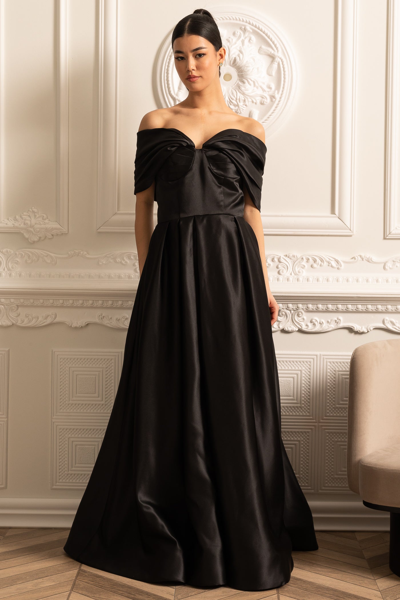 Off-Shoulder Satin Gown With Draping Skirt And Back Laces Closure - Black